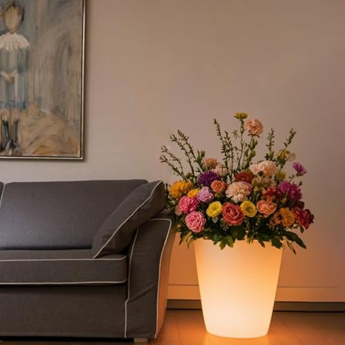 Grand pot de fleurs rond à DEL de 40,6 cm pour l'extérieur, grand pot de fleurs LED rechargeable avec télécommande, pot de fleurs lumineux RVB à intensité variable, moderne et étanche, pour la maison,