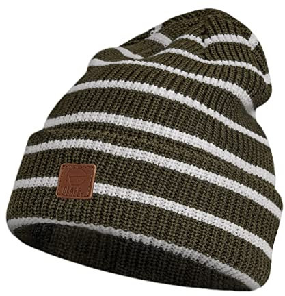 CLAPE Unisex läderpatch lång beanie stickad mössa mjuk varm slouch beanie mössa akryl Cuffed vintermössa randig ribbad stickad hatt, OG07-Army Green, En Storlek