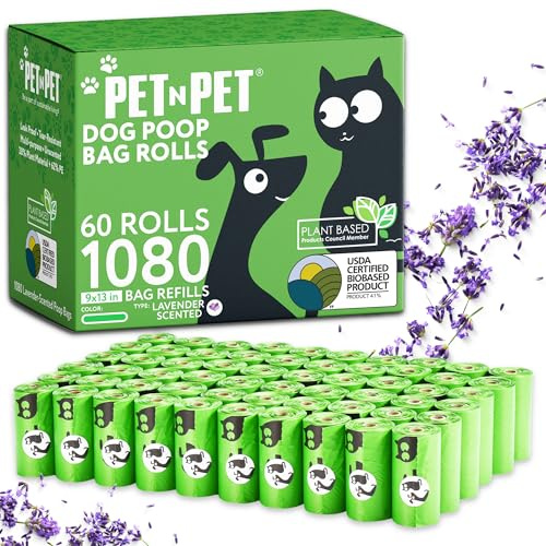 Pet N Pet 1080 Counts Green Poop Bags for Dogs, 41% Plant Based & 59% PE Extra Thick Dog Poop Bags Rolls, 9 x 13, Lavender Scented Pet Waste Bag
