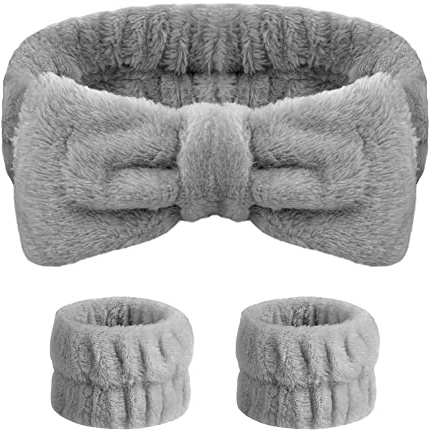 AOMIG Diadema Maquillaje Mujer, 3pcs Set de Headband de Microfibra Elásticas con Muñequeras SPA, Bowknot Banda de Pelo Suave y Lindo, Cuidado de Piel, Ducha, Yoga