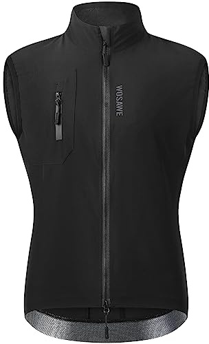 WOSAWE Chaqueta de ciclismo para hombre, chaleco ligero y transpirable para bicicleta de montaña, sin mangas, chaqueta deportiva con cremallera YKK, resistente al viento, Negro, M