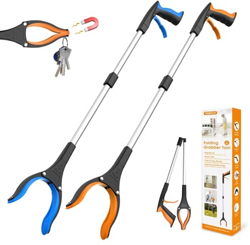 REWKCY 32 Grabber Reacher Tool, 2-Pack Foldable Reacher Grabber Pickup Tool with 360° Rotating Jaw & Magnet, Trash Picker Upper Grabber, Lightweight Grabbers for Seniors Heavy Duty