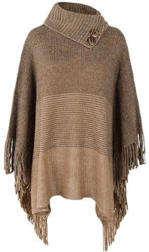 TBSCWYF Poncho Femme Pull en Tricot à Col Montant Quatre Boutons Élégant Ponchos et Capes à Capuche Hiver Chaud avec Frange ChâLe