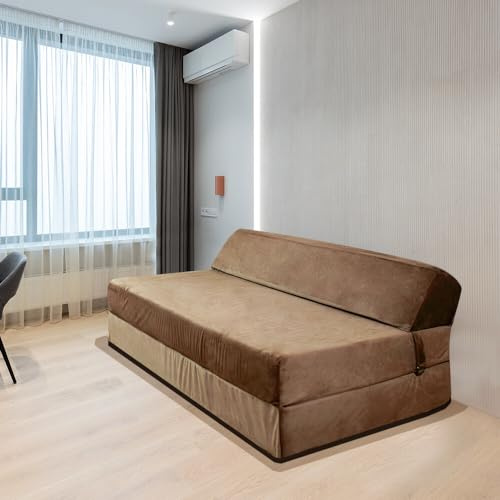 Panana Lightweight and Comfy Lazy Z Bed Deluxe Futon Fold Out Sofa For Adults Kids Children Double Folding Mattress Sleepover Chair Living Room Bedroom Toddler Furniture (Brown, Double)