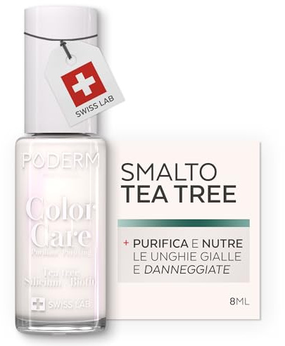 PODERM Smalto Cura per Unghie con Tea Tree - Bianca Perla | Swiss Lab - 8ML | Arricchito con Tea Tree, Silicio & Biotina | Purifica, Schiarisce & Nutre le Unghie Gialle | Creato da una Podologa