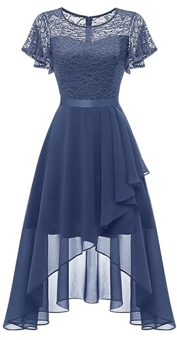 Wedtrend Robe de soirée élégante pour femme - Robe de cocktail asymétrique - En mousseline de soie - Avec dentelle - Robe de remise de diplôme - Longueur midi, Gris et violet., 3XL