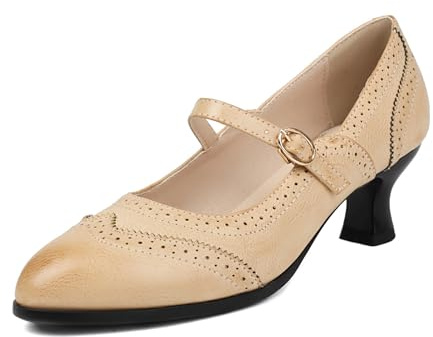 Asterisco Mujer Mini Tacón Mary Jane Tacón Medio Zapatos Puntiagudo Hebilla Retro Zapatos Brogue, R3533Ye Beige Talla 36 EU