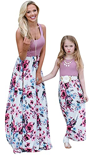 OMZIN Maman Et M Robe Maxi Longue Stitching Motif Robes Vêtements De Famille Robe De Fête Robe De Plage Mère Et Fille S-3XL