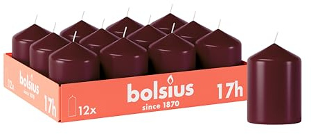 Bolsius släta blockljus – bordeauxröd – 12 stycken – 8 x 6 cm – dekorativa hushållsljus – brinntid 17 timmar – oparfymerat – innehåller naturligt växtvax – utan palmolja