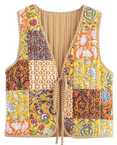 Wyeysyt Women's Cropped Floral Quilted Puffer Vest Printed Lightweight Sleeveless Padded Gilet Outwear(Yellow-M)