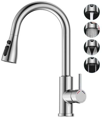 SREWOHS PRO Robinet de Cuisine Mitigeur Évier, Escamotable avec 4 Douchette Modes,Rotation de 360°,Arc haut(187mm), Haute pression,1 trou,G3/8,Poignée unique Acier inoxydable Robinet,Nickel