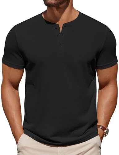 COOFANDY Maglietta da uomo Henley, a maniche corte, da uomo, estiva, con bottoni, in cotone, colore nero, L