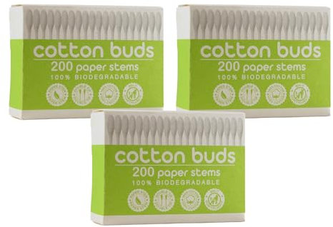 600 Pieces - CS Beauty Biodegradable Cotton Buds with Paper Stems, (3 Packs of 200), White - Ear