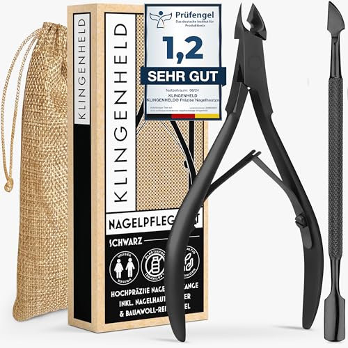 KLINGENHELD® Präzise Nagelhautzange inkl. 1 Nagelhautschieber - Sehr leichtgängig & extra scharf - inkl. Reise-Etui aus Baumwolle 100% plastikfrei & nachhaltig - Nagelhautschere, Nagelhautschneider