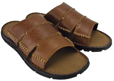 DUNLOP Mens Leather Mule Slippers Open Toe Slip On Summer Shoes (Tan, UK Footwear Size System, Adult, Men, Numeric, Medium, 10)