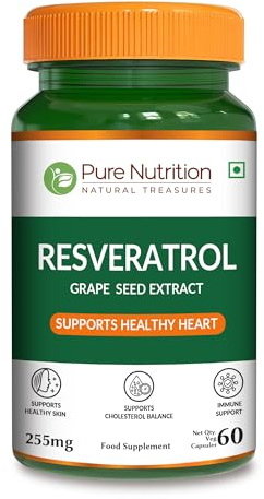 Pure Nutrition Resveratrol 250mg with Grape Seed Extract 5000mcg | 60 Caps | Powerful Antioxidant for a Healthy Heart Function | Non-GMO