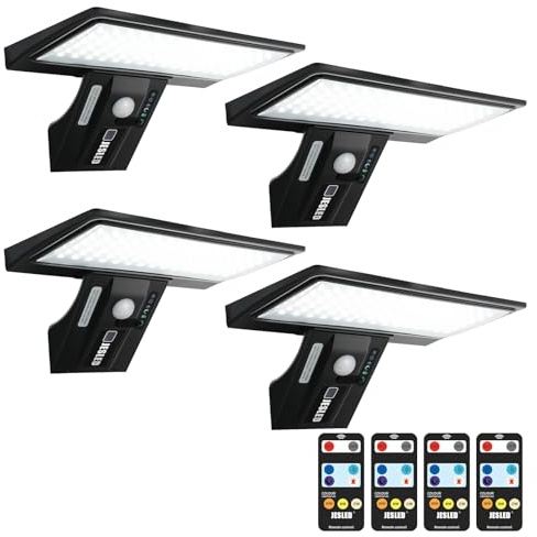 JESLED Solarlampa Utomhus, 90 LED Utomhusbelysning med Rörelsedetektor, 2600mAh 4 Lägen Solarlampa, 3000K-6000K Solarlampa med Fjärrkontroll till Trädgård (4-pack)