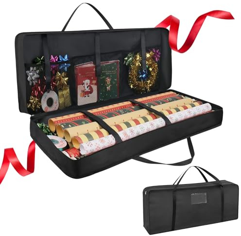 Forbabe Presentpappersorganisatör, 82 x 13 x 34 cm, med handtag, Oxford 600D, förvaringsväska med 3 fack, julpapper, organisatör för presentband