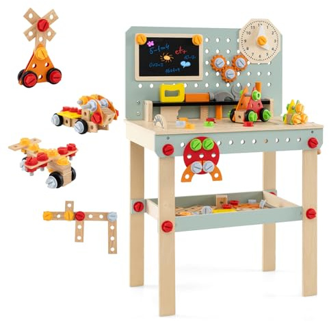 GYMAX Banco da Lavoro per Bambini in Legno, Officina da Lavoro Giocattolo con Set di Attrezzi da Gioco e Ampio Spazio di Archiviazione, Giocattolo Educativo per 3+ Anni, 54 x 30 x 83 cm