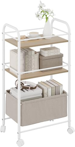 YITAHOME Carrello da servizio a 3 piani, carrello da cucina arrotolabile con tavola in legno, struttura in metallo e cestino intrecciato, carrello con ruote bloccabili, maniglia, carrello per ufficio