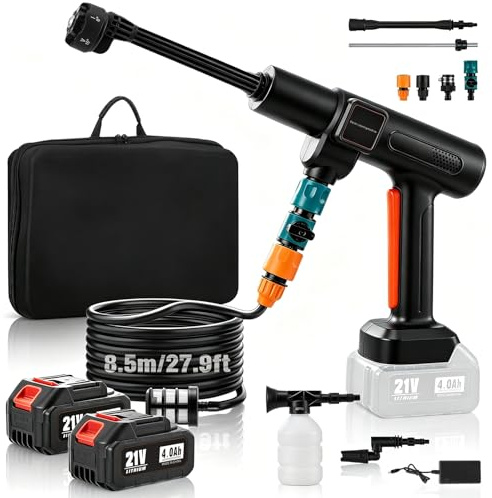 Limpiador de alta presión inalámbrico 1200 PSI / 83 bar, motor sin escobillas de 800 W, pistola de limpieza a presión portátil, 2 baterías de 4000 mAh, boquilla 6 en 1 + manguera de 8,5 m, para coche