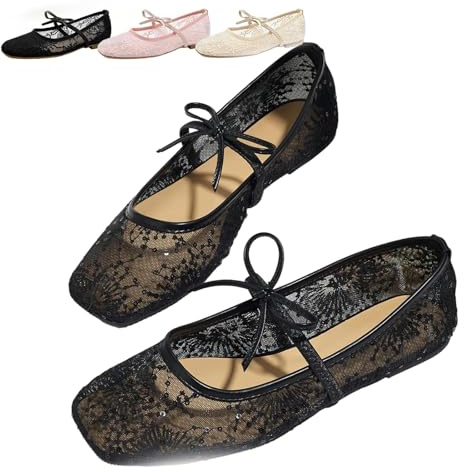 Mesh Ballet Flats for Women Ballerina Flats Strap Embroidered Shoes Wide Width Casual Summer Dress Mary Jane Flat Shoes(Black,6.5 UK)