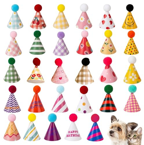 30 Pcs Party Hats, Dog Birthday Hat, Mini Party Hats with Pom Poms, for Kittens Rabbits Dogs and Stuffed Animals Photo Props, Cone Hat for Birthdays and Celebrations