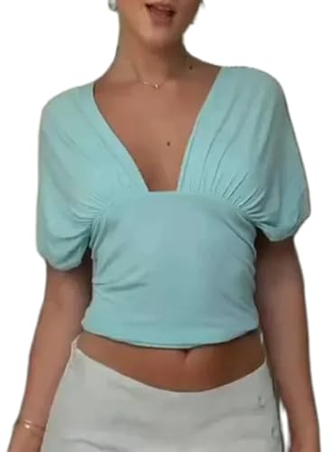 Acrawnni Cinched Waist Tops for Women V Neck Ruched Short Sleeve Summer Wrap Crop Top T Shirt Trendy Boat Neck Blouse