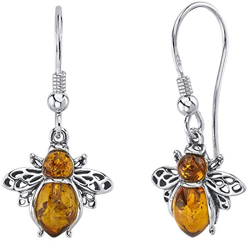 Peora Genuine Baltic Amber Bee Earrings for Women 925 Sterling Silver, Dainty Drops for Women, Rich Cognac Color, Fish Hook, Real Baltic Amber Earrings for Adults, 100% Natural from Baltic Region