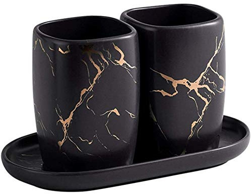 FülleMore Keramik Zahnputzbecher Set luxuriös Marmor Optik 3-teiliges Badezimmer Zubehörset 2er Zahnputzbecher mit Tablett Badzubehör Set (Schwarz)