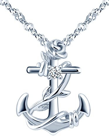 INFINIONLY Collier ancre pour femmes et filles, Collier en argent 925, Collier pendentif d'ancre décoré de fleur de rose élégant, avec chaîne de 45cm, incrusté de zircon brillant, argent