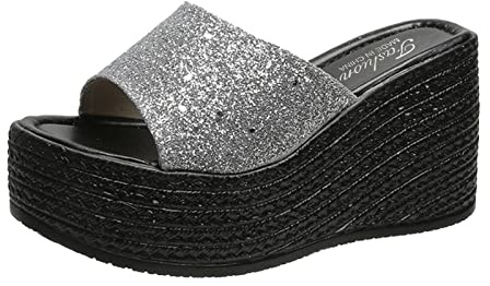 Dasongff Sandale Semelle Epaisse Sexy Club Femme Claquette Paillette Plateforme Bout Ouvert Été Sandales de Plage Talons Compensée Haut Tongs Pantoufles Slip-on Enfiler Grande Taille pour Femmes