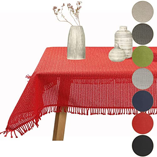 Gartentischdecke geschäumt eckig rund oval wetterfest rutschfeste Weichschaum Tischdecke abwaschbar Garten Balkon Outdoor Camping mit Fransen (Rot, Oval 140x180cm (BxL))