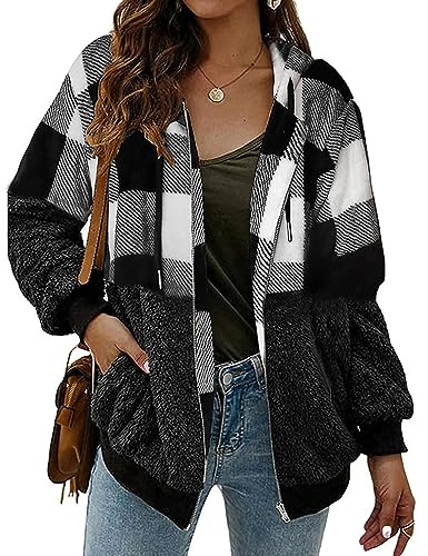 ABINGOO Mujere Sudadera de Peluche con Capucha Cremallera a Cuadros Chaqueta de Invierno Abrigo con Bolsillo(A-Negro,L)