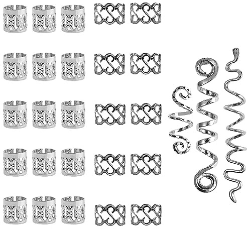 28Pcs Aluminum Spiral Dreadlocks Adjustable Hair Jewelry - Metal Cuffs, Rings, Clips, Beads for Braids - Gold Accessories for Decoration (Silver)