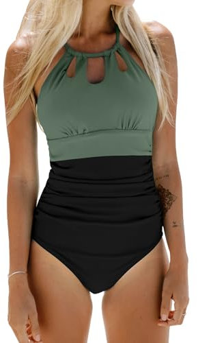 CUPSHE Damen Badeanzug High Neck Zierausschnitt Bauchweg Raffungen Strandmode Einteilige Bademode Swimsuit Schwarz/Grün M