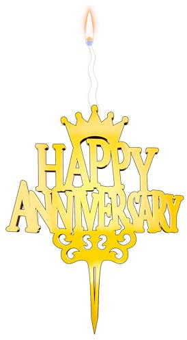 Happy Anniversary Reusable Gold Romantic Cake Candle - Luxury Cake Topper Candle for Birthdays, Weddings & Anniversaries - Reusable Food Safe Acrylic, Shiny Mirror Finish - Birthday Cake Topper
