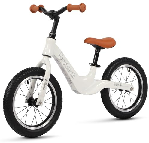 14 Balance Bike for Boys and Girls, Air Tires with Magnesium Alloy Frame, Lightweight No Pedal Kids' Bike for 3-6 Years Old, Training Bike with Adjustable Handlebar and Seat (White, Air Tire)