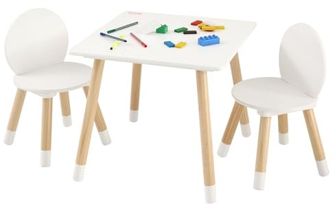 VEVOR Kindersitzgruppe Kindertisch, 2 Kinderstühle 1 Tisch Kindersitzgruppe aus Kiefernholz, Kindertisch-Set Stabile Kindermöbel Sitzmöbel für Kinder, Mädchen, Jungen, Spielzimmer Kindermöbelset Weiß