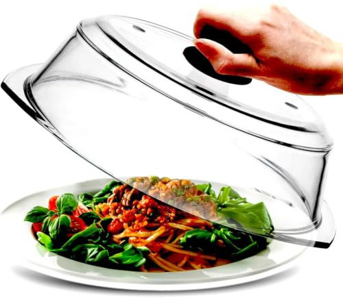 Tall Glass Microwave splatter cover | Sturdy clear 100% food safe BPA free glass lid with easy grip silicone handle | Heavy-duty glass for longer life, Dishwasher safe for easy cleaning - 10.5in