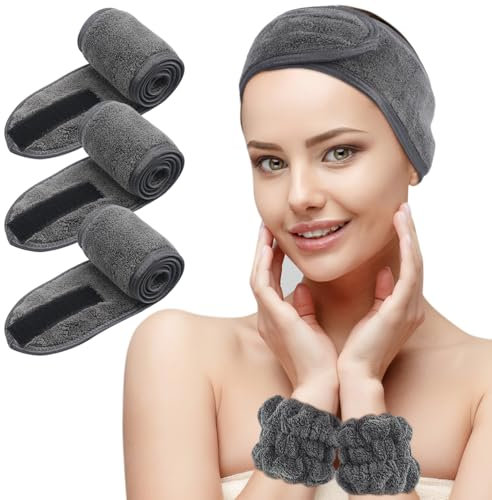KinHwa Microfibre Bandeau Cheveux Femme Maquillage，scratch cheveux Spa lavable pour Soin Visage,Réglable Headband avec Magic Tape Élastique pour le bain, démaquillage et sport Gris foncé lot de 5