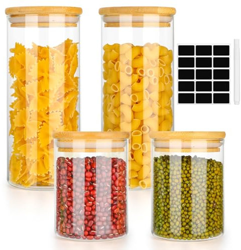 Otauoaea Tarros de Cristal con Tapa de Bambú, Juego de 4 Botes de Vidrio, 2x 900ml + 2x 500ml para Almacenaje de Pasta, Cereales, Alubias, Té