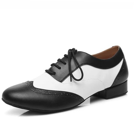 Chaussures de Danse Homme Standard Latin Salsa Cuir Chaussures à Lacets Chaussure de Danse Bicolore Homme,Nero+Blanc,Tacco 2.5cm,Suola in camoscio,41EU