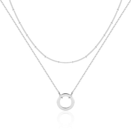 Silber 925 Halskette für Damen, Kette Layered Damen Halskette mit Runder Anhänger Mehrschichtige Silber Halskette Hypoallergene Personalisierte Kette Silber Modeschmuck für Frauen und Mädchen