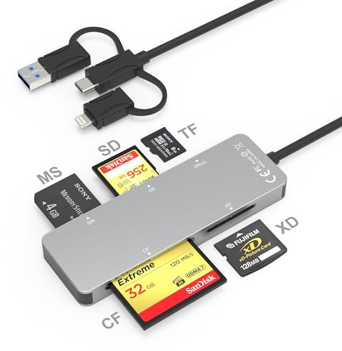 Adaptador Memory Stick Pro Duo para iPhone - Lector de Tarjetas 6-en-1 SD/TF/M2/CF/MS/XD con Lightning+USB C+USB A, Adaptador Multi-Puerto de Aluminio para Tarjeta Micro SD/SDHC/XD Picture