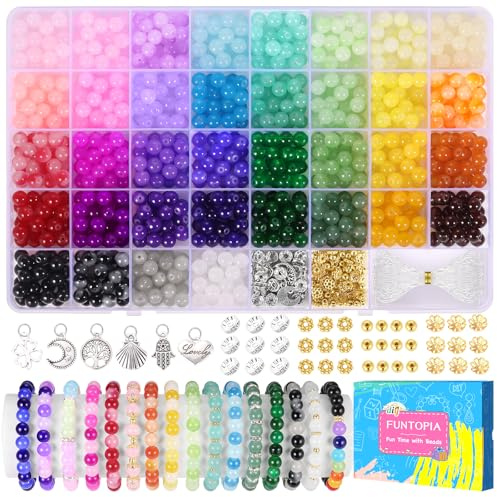 Funtopia 36 färger glaspärlor för armbandstillverkning, 8 mm 1 060 st kristallädelstenspärlor imiterande jadepärla för smyckestillverkning färgad stor hålpärla för armband, halsband, telefonkedja