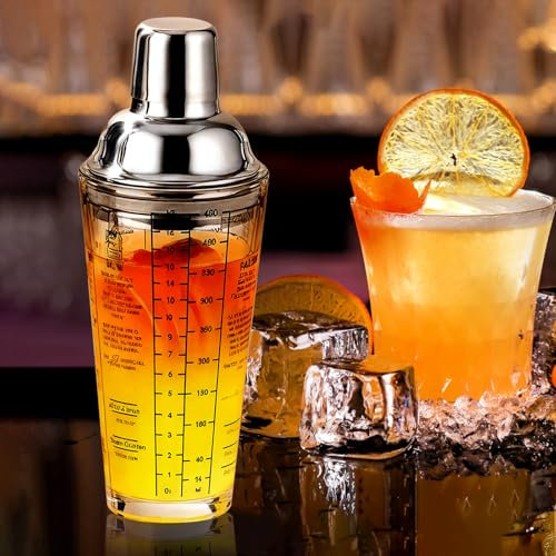 Wikimo Shaker à Cocktails, 400ml Mixer à Verre à Cocktails, Mesure de Barman avec 6 Recettes, Accessoires de Bar Professionnels, Cadeau pour Femmes, Hommes et Débutants