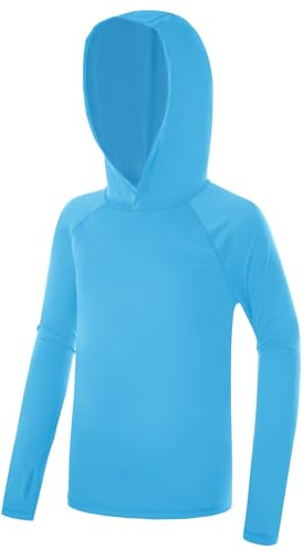 Poekuao Boys Rash Guard Hoodie UPF 50+ Sun Protection Long Sleeve Swim Shirt Quick Dry Kids SPF Surfing Fishing Water Beach Shirts Ice Blue S