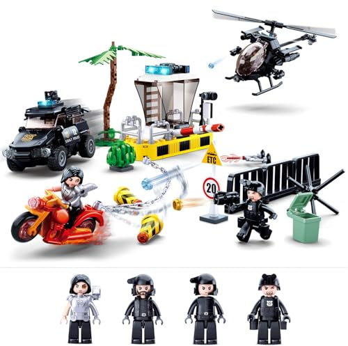 City Police Chase Building Set, SWAT Police Building Kit with 4 Minifigures & Helicopter & Police Truck & Motorcycle, Compatible with Lego City Police Station, Gift for Boys Girls Aged 6+, 373PCS