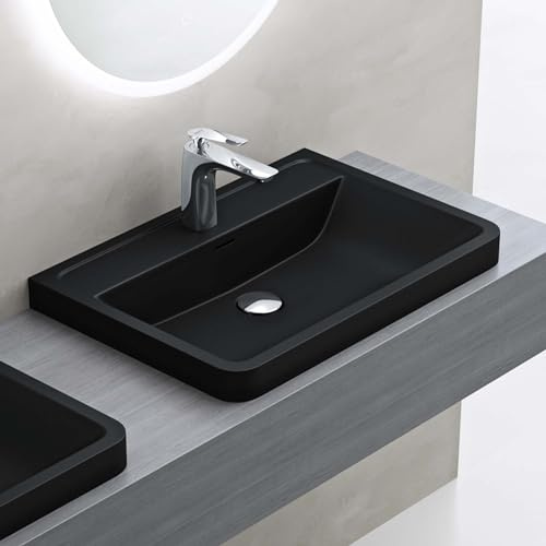 doporro Lavabo empotrado Baño Lavabo | Rectangular | Negro Mate | Mármol Fundido con Recubrimiento de Nano | 60x42x14,5 cm | con Orificio para Grifo y Rebosadero | Colossum08